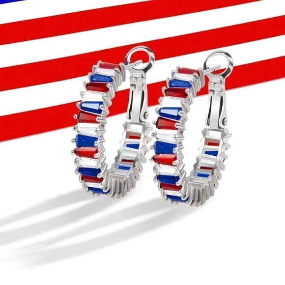 14K White Gold with Multicolored Cubic Zirconia Drop Hoop Leverback Earrings - Picture 4 of 8